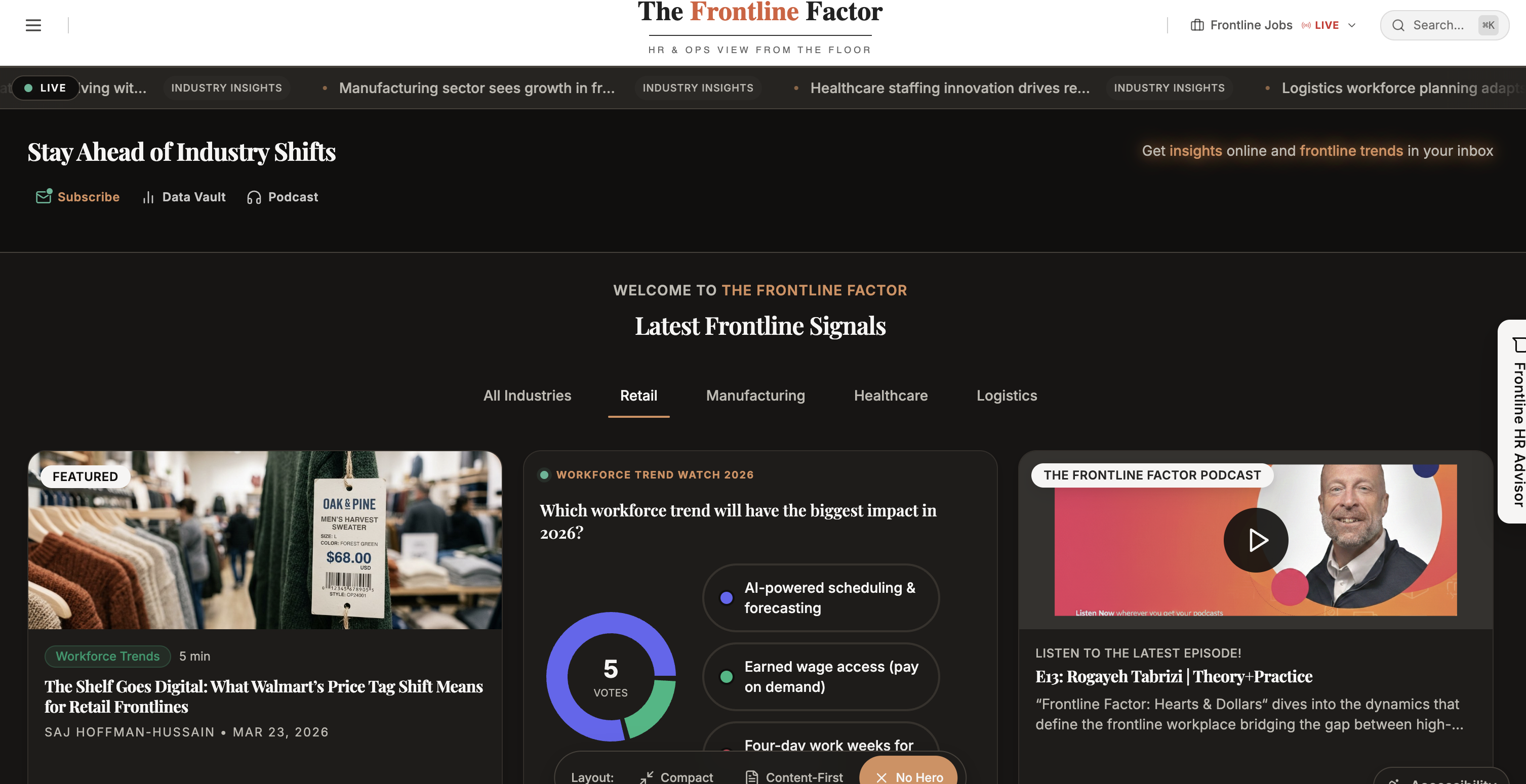 Historical Frontline Factor homepage showing a featured retail story, reader poll, podcast and navigation